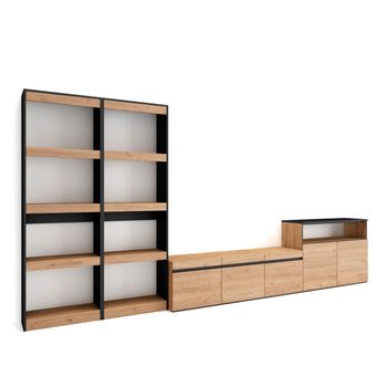 Muebles De Salón Para Tv, Conjunto De Muebles Comedor, 370x186x35cm, Para Tv Hasta 65", Mueble Televisión, Estilo Moderno, Roble Y Negro