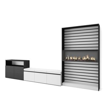 Muebles De Salón Para Tv, Conjunto De Muebles Comedor, 360x186x35cm, Para Tv Hasta 65", Chimenea Eléctrica, Estilo Moderno, Blanco Y Negro