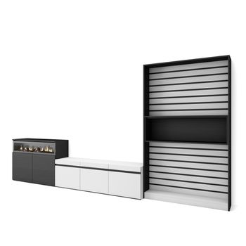 Muebles De Salón Para Tv, Conjunto De Muebles Comedor, 360x186x35cm, Para Tv Hasta 65", Chimenea Eléctrica, Estilo Moderno, Blanco Y Negro