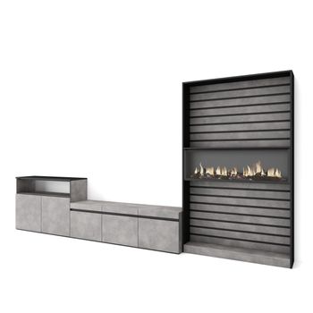 Muebles De Salón Para Tv, Conjunto De Muebles Comedor, 360x186x35cm, Para Tv Hasta 65", Chimenea Eléctrica, Estilo Moderno, Cemento