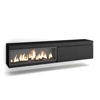 Mueble Tv, Televisión, Muebles De Salón, Almacenaje, 210, Para Tv Hasta 80", Chimenea Eléctrica Xxl, Colgado, Suspendido, Estilo Moderno, Negro