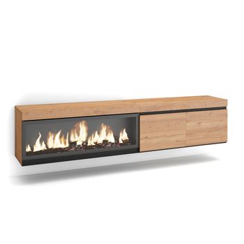 Mueble Tv, Televisión, Muebles De Salón, Almacenaje, 210, Para Tv Hasta 80", Chimenea Eléctrica Xxl, Colgado, Suspendido, Estilo Moderno, Roble