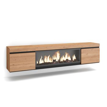 Mueble Tv, Televisión, Muebles De Salón, Almacenaje, 210, Para Tv Hasta 80", Chimenea Eléctrica Xxl, Colgado, Suspendido, Estilo Moderno, Roble