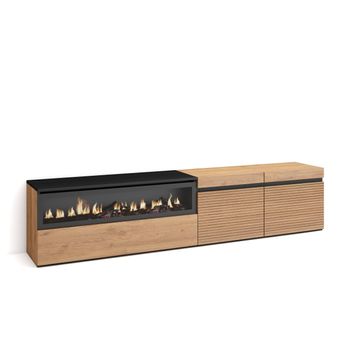 Mueble Tv, Televisión, Muebles De Salón, Almacenaje, 200x45x35cm, Para Tv Hasta 80", Chimenea Eléctrica, Estilo Moderno, Roble