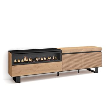 Mueble Tv, Televisión, Muebles De Salón, Almacenaje, 200x57x35cm, Para Tv Hasta 80", Chimenea Eléctrica, Diseño Industrial, Estilo Moderno, Roble