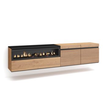 Mueble Tv | Televisión | Muebles De Salón, Almacenaje | 200x45x35cm | Para Tv Hasta 80" | Chimenea Eléctrica | Colgado, Suspendido | Estilo Moderno | Roble