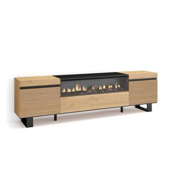 Mueble Tv, Televisión, Muebles De Salón, Almacenaje, 200x57x35cm, Para Tv Hasta 80", Chimenea Eléctrica, Diseño Industrial, Estilo Moderno, Roble