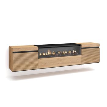 Mueble Tv, Televisión, Muebles De Salón, Almacenaje, 200x45x35cm, Para Tv Hasta 80", Chimenea Eléctrica, Colgado, Suspendido, Estilo Moderno, Roble