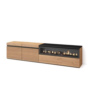 Mueble Tv, Televisión, Muebles De Salón, Almacenaje, 200x45x35cm, Para Tv Hasta 80", Chimenea Eléctrica, Estilo Moderno, Roble