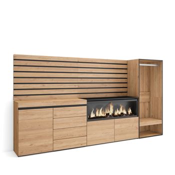 Aparador, Con Almacenamiento, 274x35x145 Cm, Dormitorio, Habitación, Chimenea Eléctrica Xxl, Cómoda, Cajonera, Vestidor Abierto, Estilo Moderno, Roble