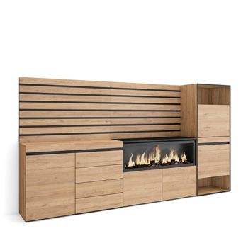 Aparador, Con Almacenamiento, 274x35x145 Cm, Dormitorio, Habitación, Chimenea Eléctrica Xxl, Cómoda, Cajonera, Zapatero, Estilo Moderno, Roble