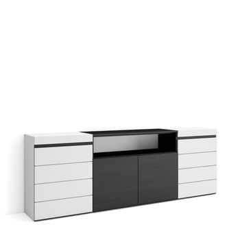 Cómoda, Cajonera, Mueble Auxiliar, 214x35x75 Cm, Dormitorio, Habitación, Con Almacenamiento, Estilo Moderno, Blanco Y Negro