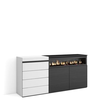 Cómoda, Cajonera, Mueble Auxiliar, 157x35x75 Cm, Dormitorio, Habitación, Chimenea Eléctrica, Estilo Moderno, Blanco Y Negro