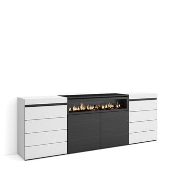 Cómoda, Cajonera, Mueble Auxiliar, 214x35x75 Cm, Dormitorio, Habitación, Chimenea Eléctrica, Estilo Moderno, Blanco Y Negro