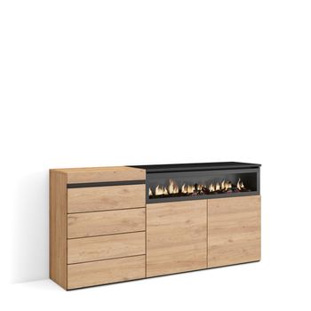 Cómoda, Cajonera, Mueble Auxiliar, 157x35x75 Cm, Dormitorio, Habitación, Chimenea Eléctrica, Estilo Moderno, Roble