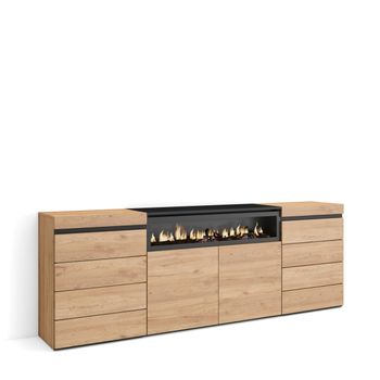 Cómoda, Cajonera, Mueble Auxiliar, 214x35x75 Cm, Dormitorio, Habitación, Chimenea Eléctrica, Estilo Moderno, Roble