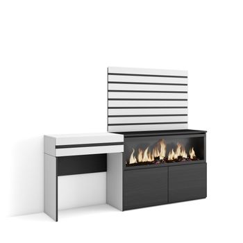 Tocador, Dormitorio Habitación, 177x35x145 Cm, Con Cajón, Chimenea Eléctrica Xxl, Listones Decorativos, Estilo Moderno, Blanco