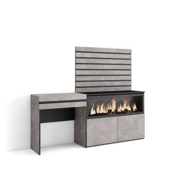 Tocador, Dormitorio Habitación, 177x35x145 Cm, Con Cajón, Chimenea Eléctrica Xxl, Listones Decorativos, Estilo Moderno, Cemento