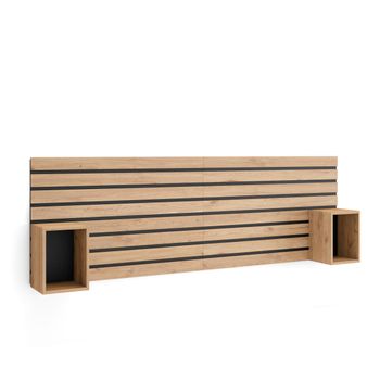 Cabecero Con Mesitas, Listones Decorativos, 214x70x3, Cama De 135,140,150,160 Cm, Con Almacenamiento, Estilo Moderno, Roble