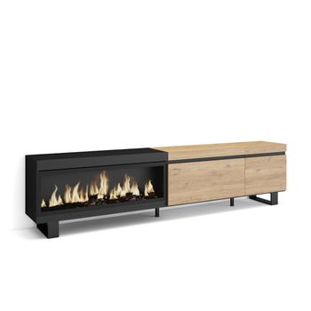 Mueble Tv, Televisión, Muebles De Salón, Almacenaje, 237x35x57 Cm, Para Tv Gran Formato, Chimenea Eléctrica Xxl, Diseño Industrial, Estilo Moderno, Roble Y Negro