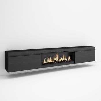 Mueble Tv, Televisión, Muebles De Salón, Almacenaje, 267x35x45 Cm, Para Tv Gran Formato, Chimenea Eléctrica Xxl, Colgado, Suspendido, Estilo Moderno, Negro