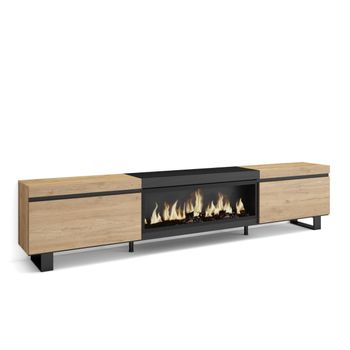 Mueble Tv, Televisión, Muebles De Salón, Almacenaje, 267x35x57 Cm, Para Tv Gran Formato, Chimenea Eléctrica Xxl, Diseño Industrial, Estilo Moderno, Roble Y Negro