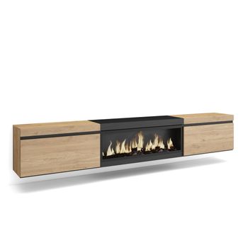 Mueble Tv, Televisión, Muebles De Salón, Almacenaje, 267x35x45 Cm, Para Tv Gran Formato, Chimenea Eléctrica Xxl, Colgado, Suspendido, Estilo Moderno, Roble Y Negro