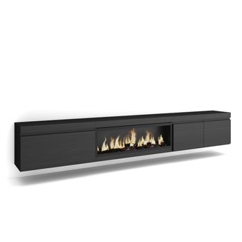 Mueble Tv, Televisión, Muebles De Salón, Almacenaje, 288x35x45 Cm, Para Tv Gran Formato, Chimenea Eléctrica Xxl, Colgado, Suspendido, Estilo Moderno, Negro