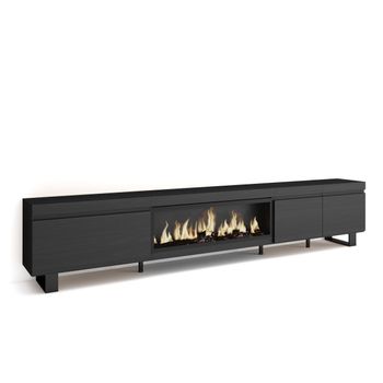 Mueble Tv, Televisión, Muebles De Salón, Almacenaje, 288x35x57 Cm, Para Tv Gran Formato, Chimenea Eléctrica Xxl, Diseño Industrial, Estilo Moderno, Negro