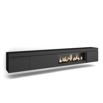 Mueble Tv, Televisión, Muebles De Salón, Almacenaje, 288x35x45 Cm, Para Tv Gran Formato, Chimenea Eléctrica Xxl, Colgado, Suspendido, Estilo Moderno, Negro