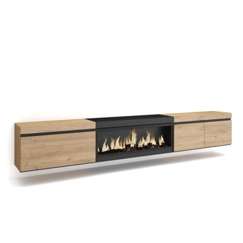 Mueble Tv, Televisión, Muebles De Salón, Almacenaje, 288x35x45 Cm, Para Tv Gran Formato, Chimenea Eléctrica Xxl, Colgado, Suspendido, Estilo Moderno, Roble Y Negro