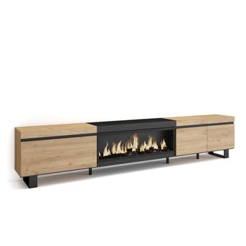 Mueble Tv, Televisión, Muebles De Salón, Almacenaje, 288x35x57 Cm, Para Tv Gran Formato, Chimenea Eléctrica Xxl, Diseño Industrial, Estilo Moderno, Roble Y Negro