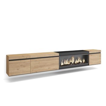 Mueble Tv, Televisión, Muebles De Salón, Almacenaje, 288x35x45 Cm, Para Tv Gran Formato, Chimenea Eléctrica Xxl, Colgado, Suspendido, Estilo Moderno, Roble Y Negro