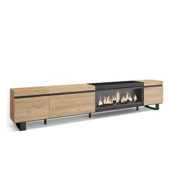 Mueble Tv, Televisión, Muebles De Salón, Almacenaje, 288x35x57 Cm, Para Tv Gran Formato, Chimenea Eléctrica Xxl, Diseño Industrial, Estilo Moderno, Roble Y Negro