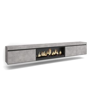 Mueble Tv, Televisión, Muebles De Salón, Almacenaje, 288x35x45 Cm, Para Tv Gran Formato, Chimenea Eléctrica Xxl, Colgado, Suspendido, Estilo Moderno, Cemento