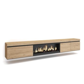 Mueble Tv, Televisión, Muebles De Salón, Almacenaje, 288x35x45 Cm, Para Tv Gran Formato, Chimenea Eléctrica Xxl, Colgado, Suspendido, Estilo Moderno, Roble