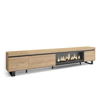 Mueble Tv, Televisión, Muebles De Salón, Almacenaje, 288x35x57 Cm, Para Tv Gran Formato, Chimenea Eléctrica Xxl, Diseño Industrial, Estilo Moderno, Roble