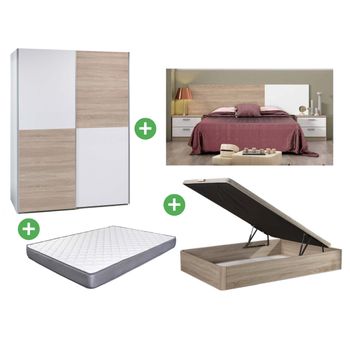 Pack Ahorro: Dormitorio Couple + Armario + Canape Abatible + Colchon Basic Blanco Y Cambria 135x190 Cm