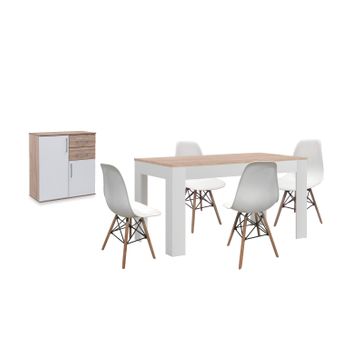 Pack Mesa De Comedor Extensible Blanco Y Cambria + 4 Sillas Blanco + Aparador Joana 2 Puertas Blanco Y Cambria