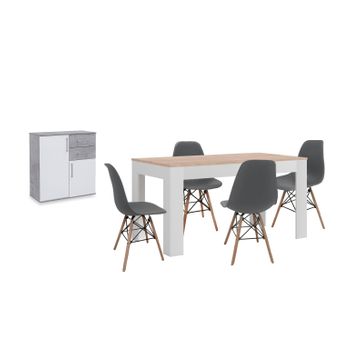 Pack Mesa De Comedor Extensible Blanco Y Cambria + 4 Sillas Gris + Aparador Joana 2 Puertas Blanco Y Cemento