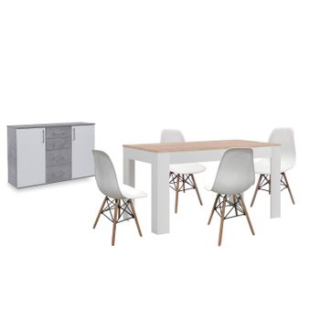 Pack Mesa De Comedor Extensible Blanco Y Cambria + 4 Sillas Blanco + Aparador Joana 2 Puertas Y 4 Cajones Blanco Y Cemento