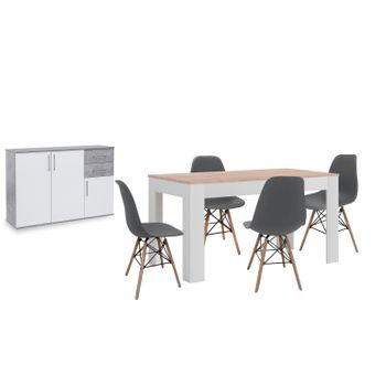 Pack Mesa De Comedor Extensible Blanco Y Cambria + 4 Sillas Gris + Aparador Joana 3 Puertas Blanco Y Cemento