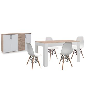 Pack Mesa De Comedor Extensible Blanco Y Cambria + 4 Sillas Blanco + Aparador Joana 3 Puertas Y 4 Cajones Blanco Y Cambria