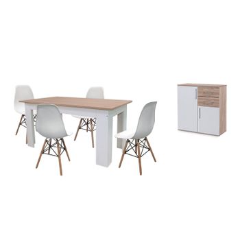 Pack Mesa De Comedor Fija Blanco Y Cambria + 4 Sillas Blanco + Aparador Joana 2 Puertas Blanco Y Cambria