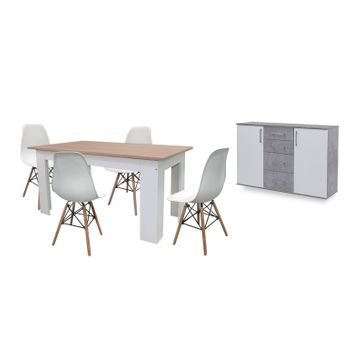 Pack Mesa De Comedor Fija Blanco Y Cambria + 4 Sillas Blanco + Aparador Joana 2 Puertas Y 4 Cajones Blanco Y Cemento