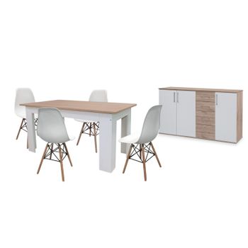 Pack Mesa De Comedor Fija Blanco Y Cambria + 4 Sillas Blanco + Aparador Joana 3 Puertas Y 4 Cajones Blanco Y Cambria