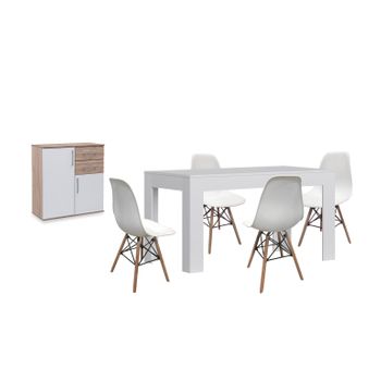 Pack Mesa De Comedor Extensible Blanco + 4 Sillas Blanco + Aparador Joana 2 Puertas Blanco Y Cambria