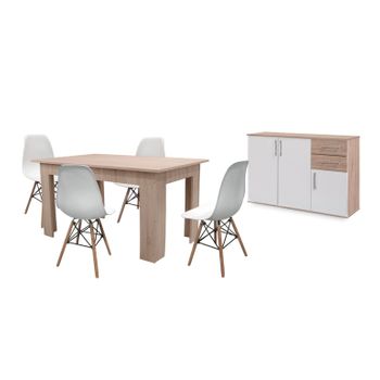 Pack Mesa De Comedor Fija Cambria + 4 Sillas Blanco + Aparador Joana 3 Puertas Blanco Y Cambria