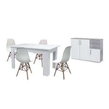 Pack Mesa De Comedor Fija Blanco + 4 Sillas Blanco + Aparador Joana 3 Puertas Blanco Y Cemento