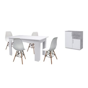 Pack Mesa De Comedor Fija Blanco + 4 Sillas Blanco + Aparador Joana 2 Puertas Blanco Y Cemento